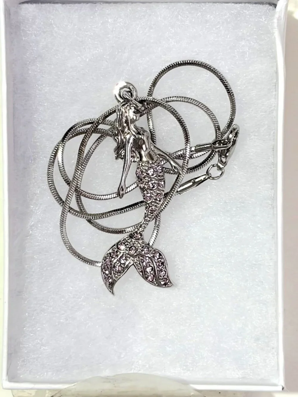 NWOT Silver Tone Pink Crystal Mermaid Pendant Necklace